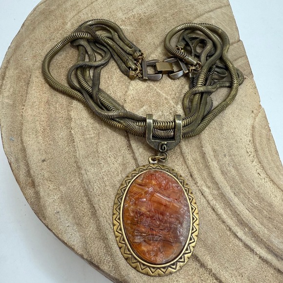 The Unbranded Brand Jewelry - Unique Bronze Multi Snake Chain Orange Acrylic Pendant Necklace Unknown Maker